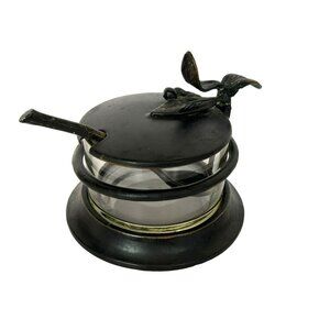 Vintage Metal & Glass Sugar Jam Condiment Jar with Leaf & Berry Lid & Spoon